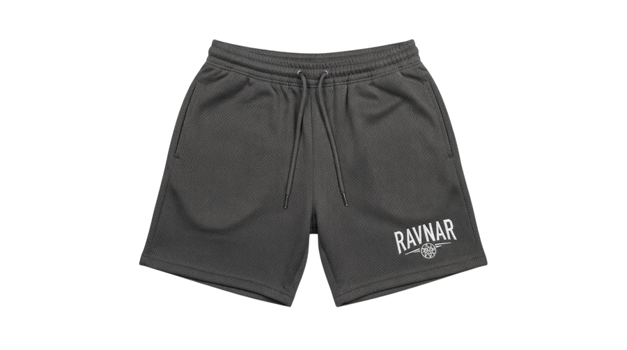 Ravnar charcoal grey heavyweight cotton shorts with a relaxed fit, drawstring waist, and white brand logo detail.