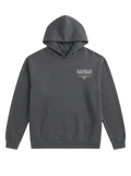 Ravnar charcoal grey heavyweight hoodie with a structured silhouette and small chest logo print.