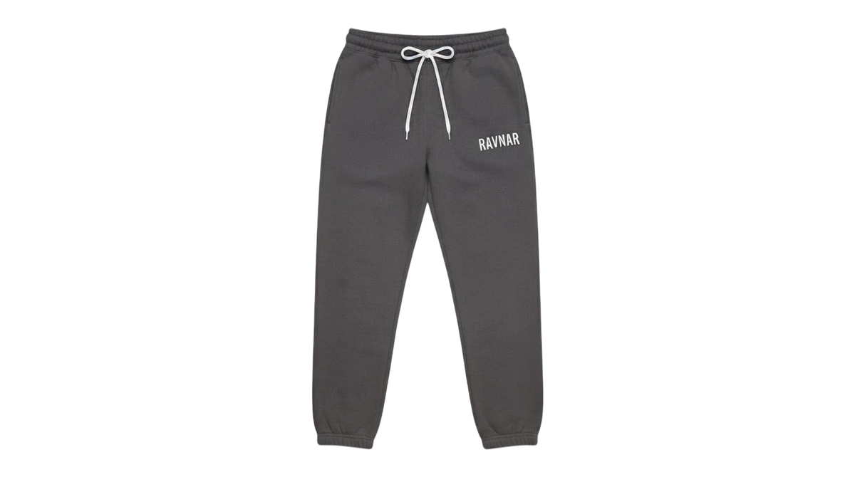 Ravnar charcoal grey heavyweight sweatpants with white drawstring and logo detail on a neutral background