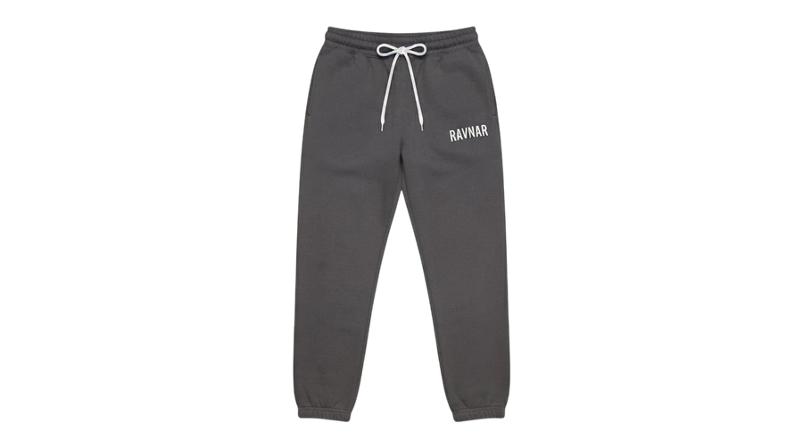 Ravnar charcoal grey heavyweight sweatpants with white drawstring and logo detail on a neutral background