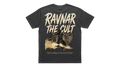 Back view of a charcoal grey Ravnar heavyweight cotton t-shirt featuring a graphic print of a figure and text.