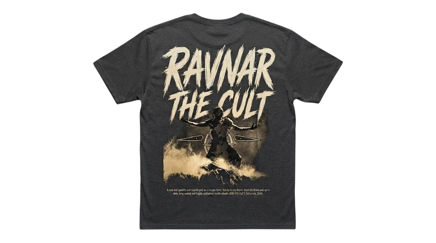 Back view of a charcoal grey Ravnar heavyweight cotton t-shirt featuring a graphic print of a figure and text.