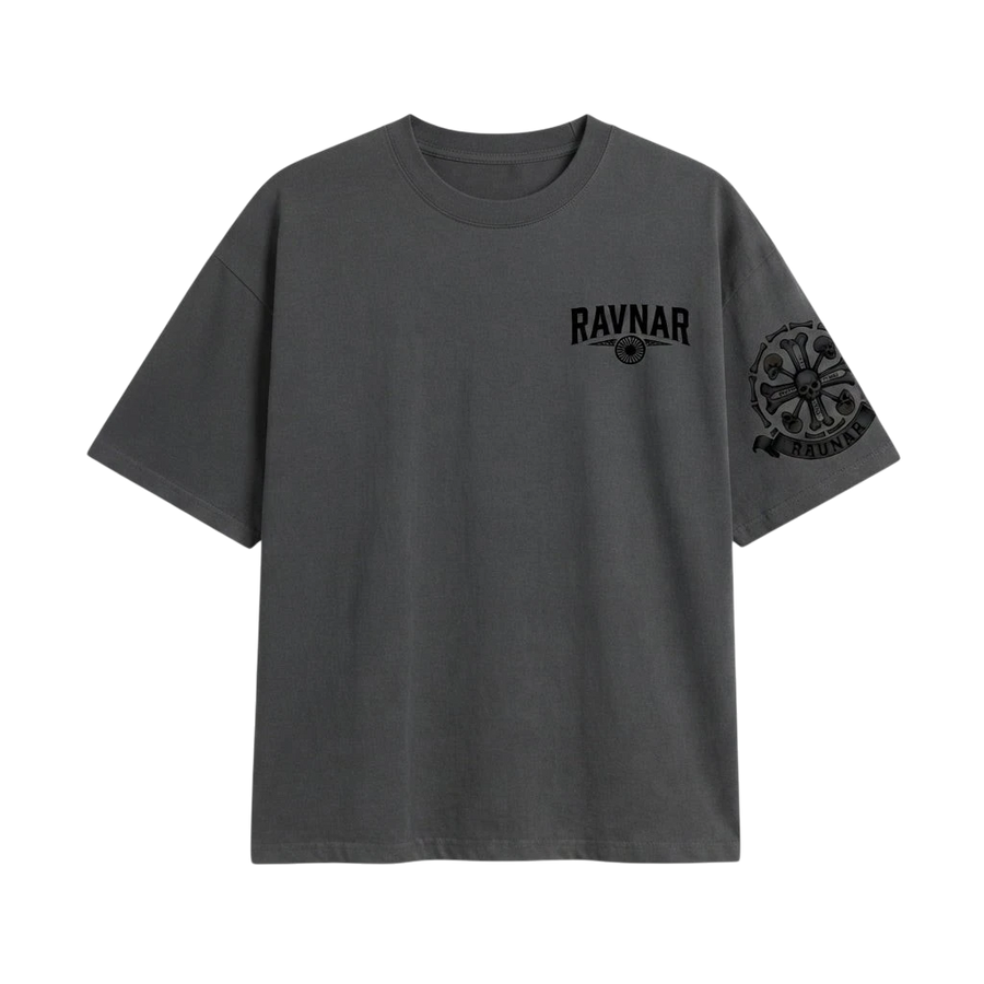 Ravnar charcoal grey heavyweight cotton t-shirt with black chest logo and detailed sleeve graphic