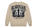 Ravnar Checkmate sweatshirt in beige featuring a back graphic of black chess pieces and gothic typography.