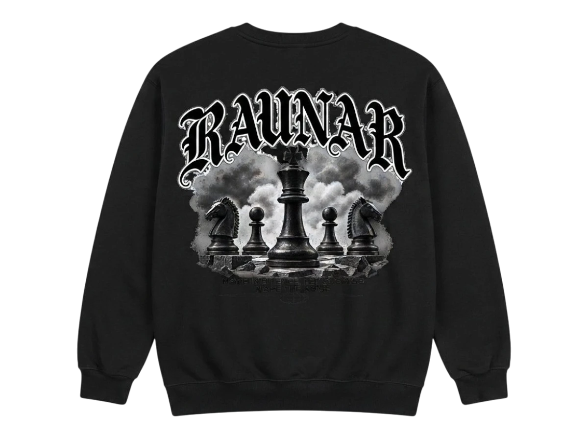 Ravnar Checkmate sweatshirt in black featuring a detailed back graphic of chess pieces and gothic typography.
