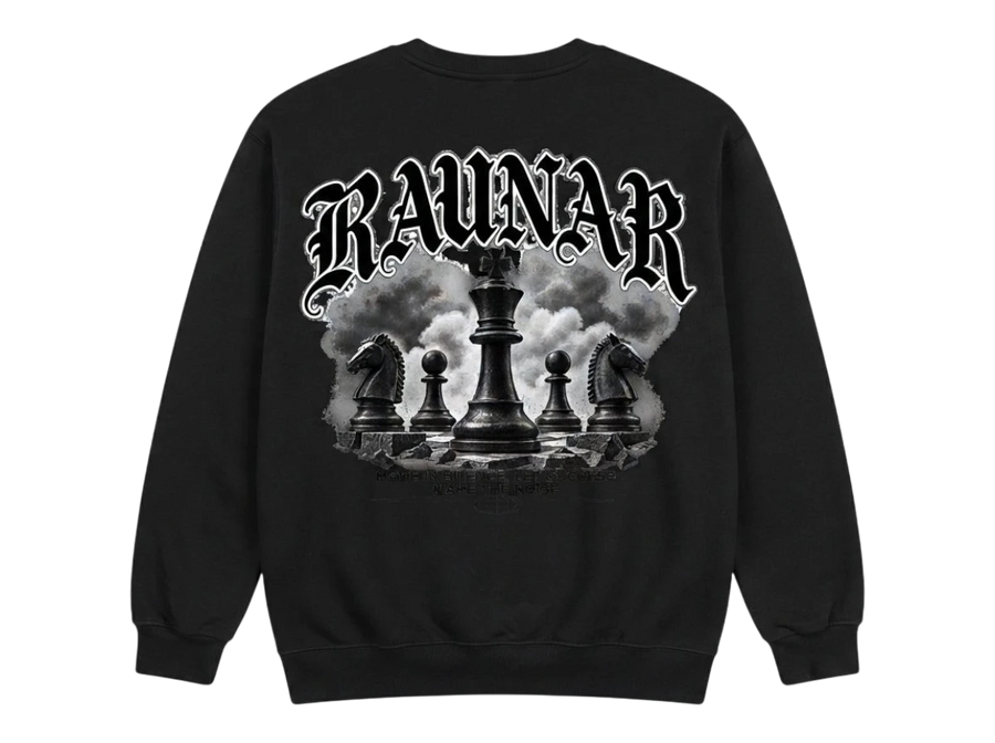 Ravnar Checkmate sweatshirt in black featuring a detailed back graphic of chess pieces and gothic typography.