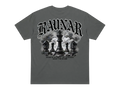 Ravnar Checkmate heavyweight charcoal grey t-shirt featuring a back graphic of chess pieces and gothic typography.