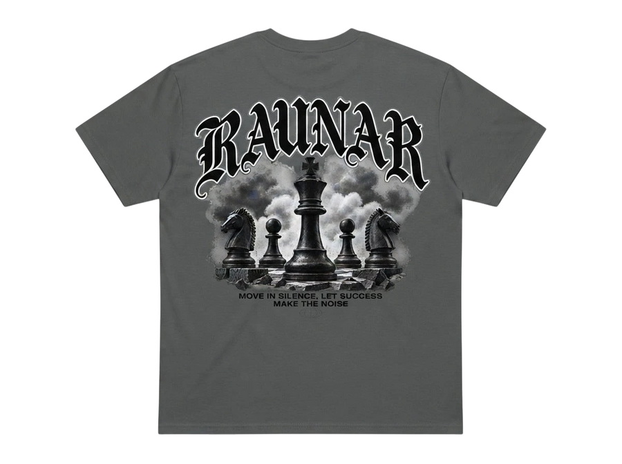 Ravnar Checkmate heavyweight charcoal grey t-shirt featuring a back graphic of chess pieces and gothic typography.