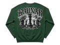 Ravnar Checkmate sweatshirt in forest green featuring a detailed back graphic of chess pieces and gothic typography.