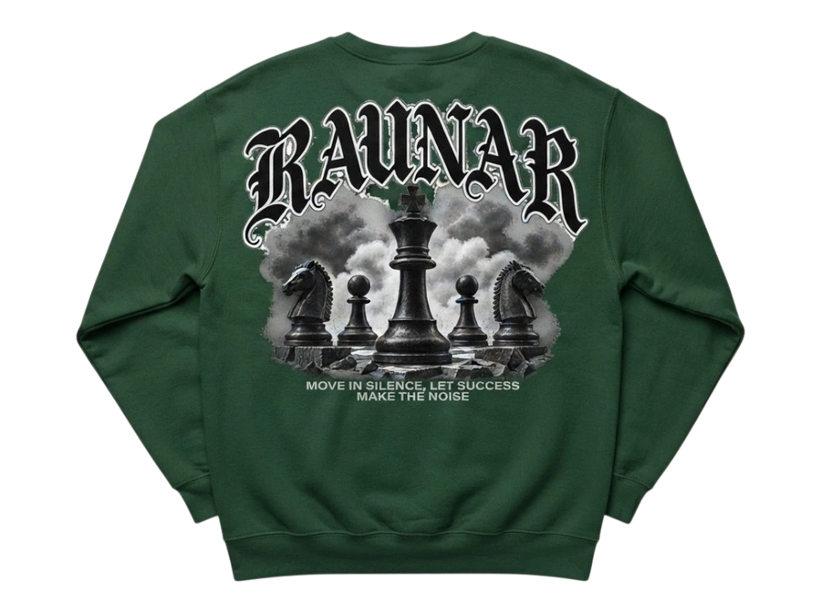 Ravnar Checkmate sweatshirt in forest green featuring a detailed back graphic of chess pieces and gothic typography.