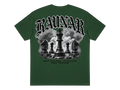 Ravnar Checkmate T-shirt in dark green with back graphic of chess pieces and gothic typography