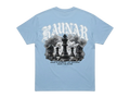 Ravnar Checkmate light blue heavyweight t-shirt featuring a black and white chess piece graphic on the back.