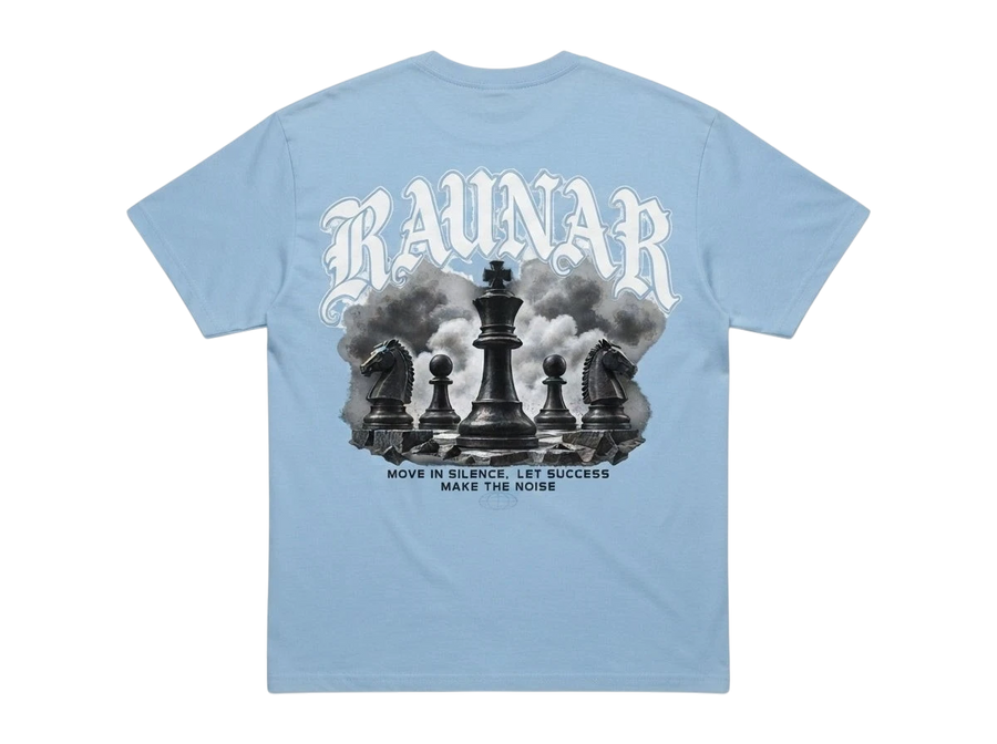 Ravnar Checkmate light blue heavyweight t-shirt featuring a black and white chess piece graphic on the back.