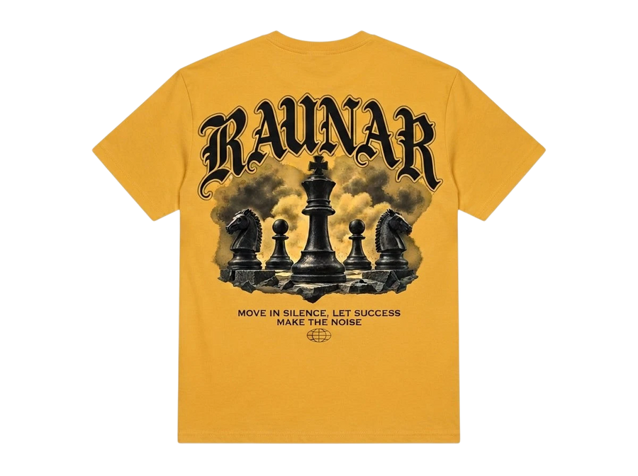 Ravnar Checkmate mustard yellow heavyweight t-shirt with black chess piece graphic print on the back