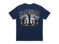 Ravnar Checkmate navy blue heavyweight cotton t-shirt with back graphic of chess pieces and gothic typography