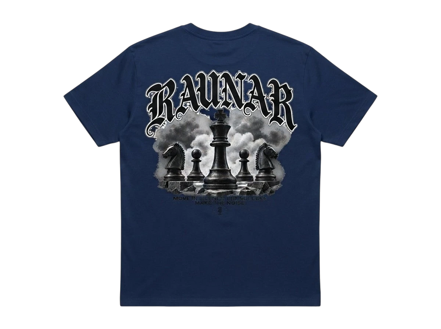Ravnar Checkmate navy blue heavyweight cotton t-shirt with back graphic of chess pieces and gothic typography