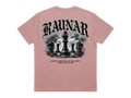 Back view of Ravnar Checkmate dusty pink heavyweight t-shirt with black and white chess piece graphic print.