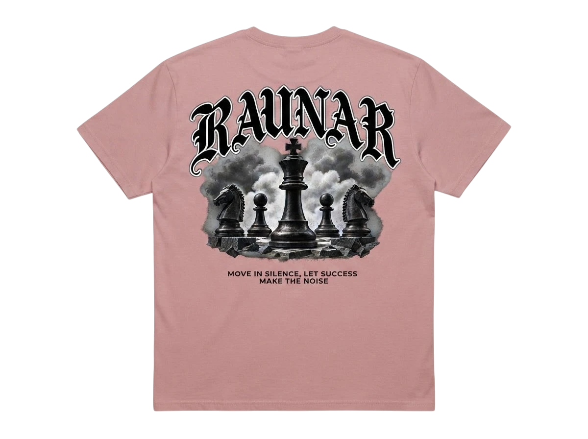Back view of Ravnar Checkmate dusty pink heavyweight t-shirt with black and white chess piece graphic print.