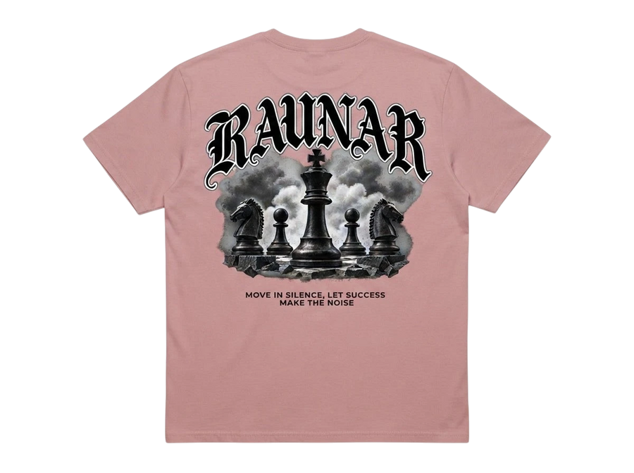 Back view of Ravnar Checkmate dusty pink heavyweight t-shirt with black and white chess piece graphic print.