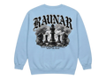 Ravnar Checkmate sweatshirt in light blue with a black and white chess piece graphic on the back
