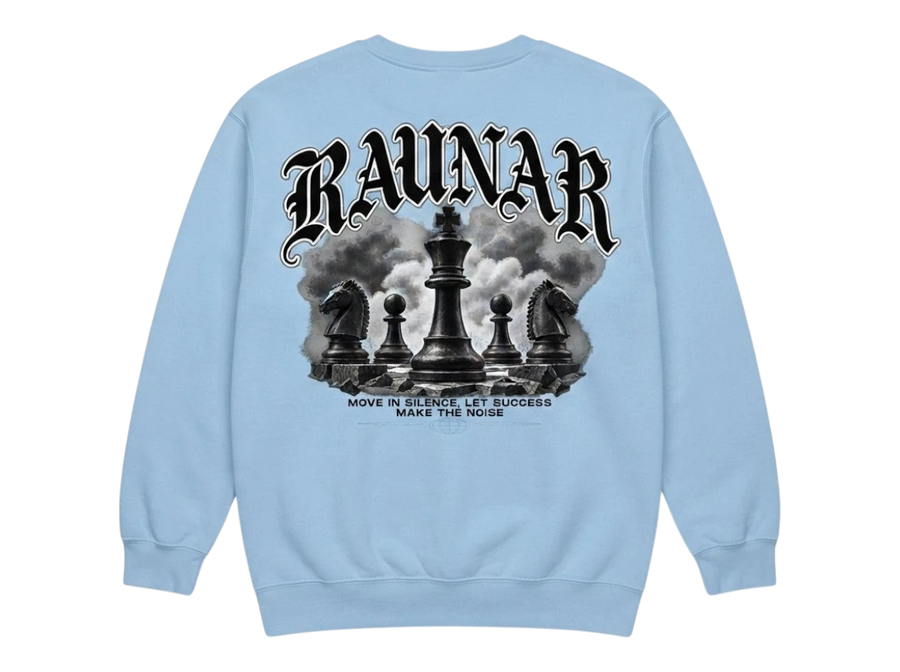 Ravnar Checkmate sweatshirt in light blue with a black and white chess piece graphic on the back