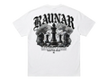 Ravnar Checkmate white heavyweight t-shirt featuring a back graphic of chess pieces and gothic typography
