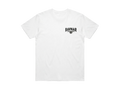 Ravnar Checkmate white heavyweight cotton t-shirt with a small black chest logo on a clean studio background
