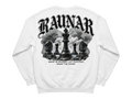 Ravnar Checkmate sweatshirt in white featuring a back graphic of black chess pieces and gothic typography.