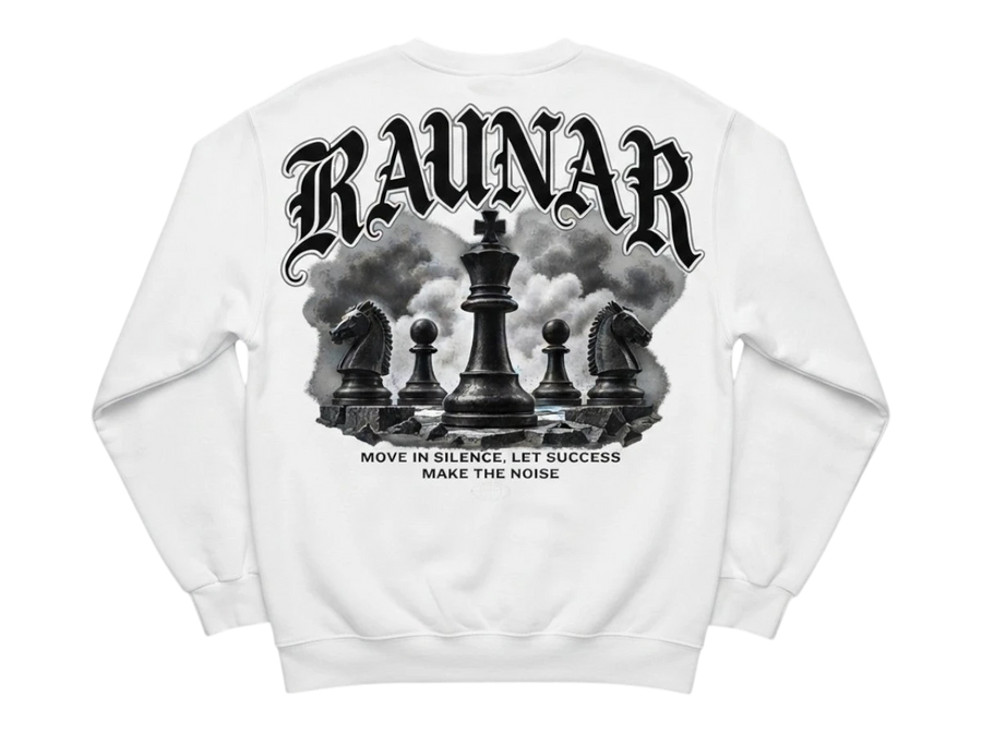 Ravnar Checkmate sweatshirt in white featuring a back graphic of black chess pieces and gothic typography.