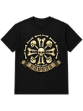 Ravnar Crown of Bone black heavyweight t-shirt featuring a detailed skull and bone circular graphic design.