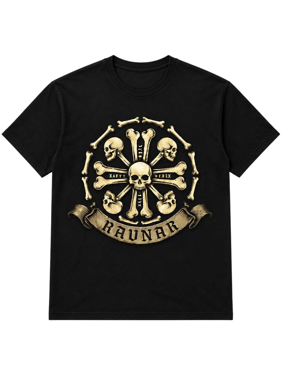Ravnar Crown of Bone black heavyweight t-shirt featuring a detailed skull and bone circular graphic design.