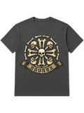 Ravnar Crown of Bone heavyweight charcoal grey t-shirt with a detailed skull and bone graphic print on the chest.