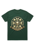 Ravnar Crown of Bone heavyweight green t-shirt with a detailed skull and bone graphic on the back