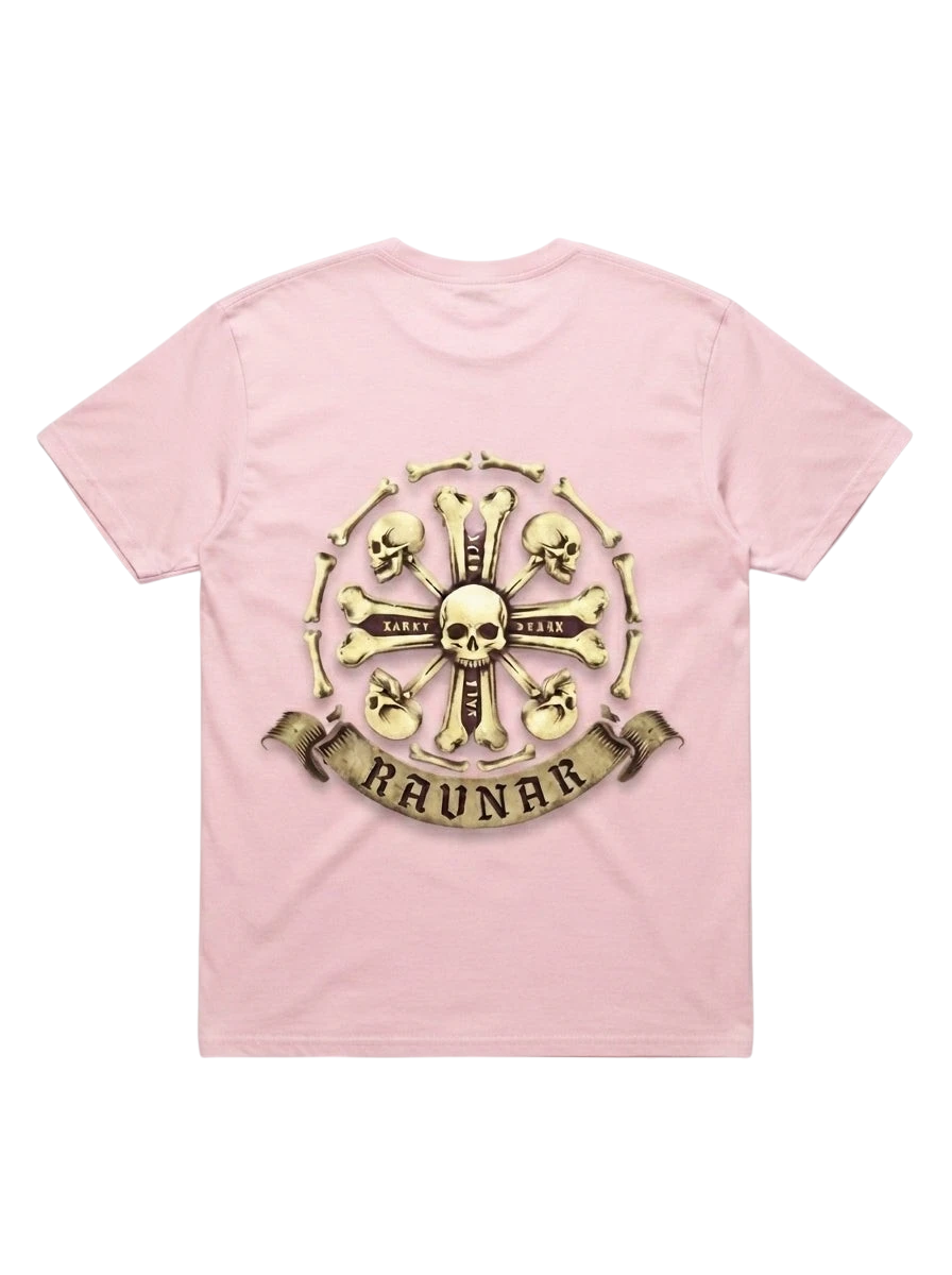 Ravnar Crown of Bone light pink heavyweight t-shirt with back graphic of skulls and bones on a banner