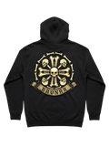 Ravnar Crown of Bones black heavyweight hoodie featuring a detailed skull and bone graphic on the back