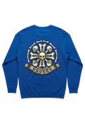 Ravnar Crown of Bones blue heavyweight sweatshirt with a detailed skull and bone graphic on the back
