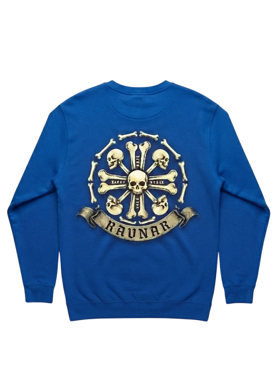 Ravnar Crown of Bones blue heavyweight sweatshirt with a detailed skull and bone graphic on the back