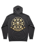 Ravnar Crown of Bones hoodie in charcoal grey featuring a detailed skull and bone graphic on the back