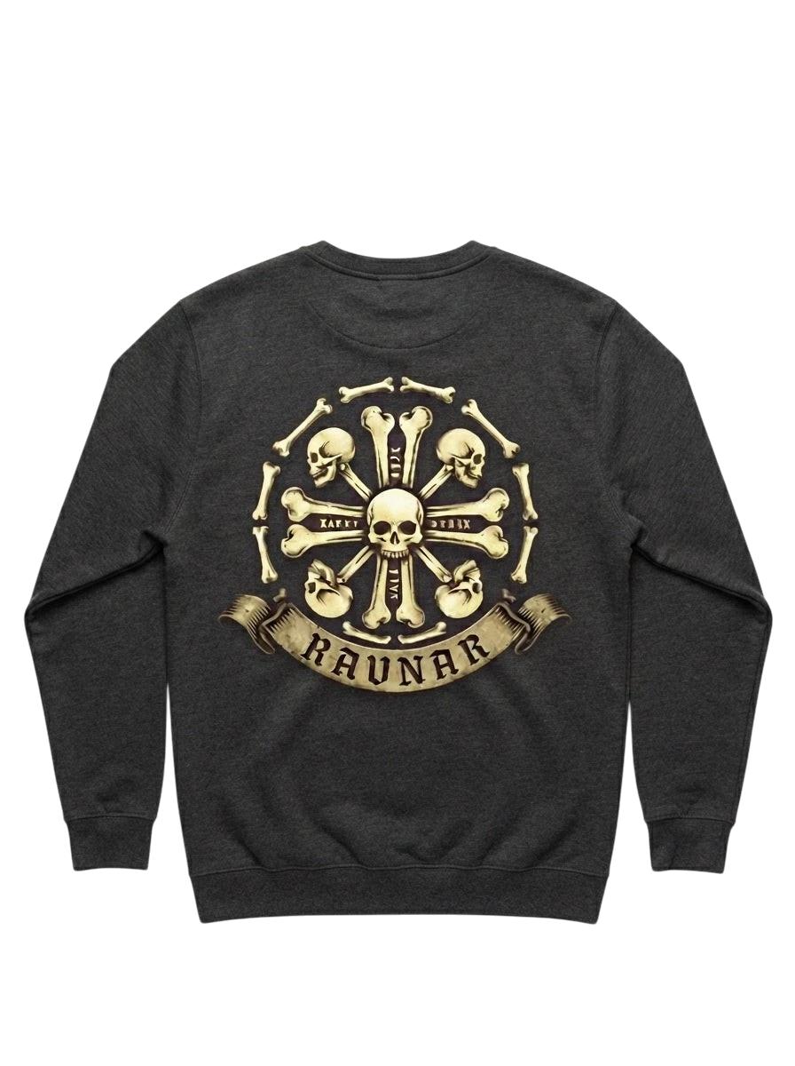 Ravnar Crown of Bones charcoal grey heavyweight sweatshirt with a detailed skull and bone graphic on the back.