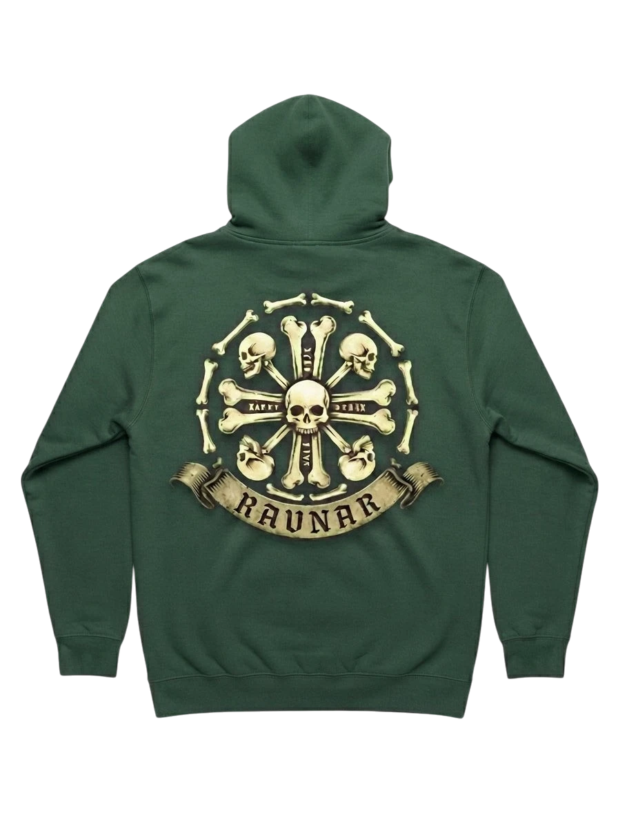 Ravnar Crown of Bones hoodie in dark green featuring a detailed skull and bone graphic on the back.