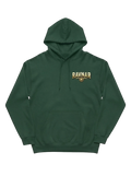 Ravnar Crown of Bones hoodie in dark green heavyweight fabric with a gold chest logo on a white background