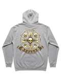 Ravnar Crown of Bones grey heavyweight hoodie featuring a detailed skull and bone graphic on the back
