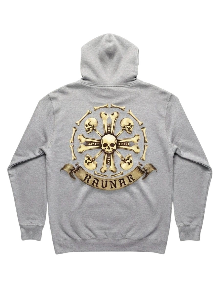 Ravnar Crown of Bones grey heavyweight hoodie featuring a detailed skull and bone graphic on the back