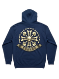 Ravnar Crown of Bones navy heavyweight hoodie with back graphic of skulls and bones in a circular design