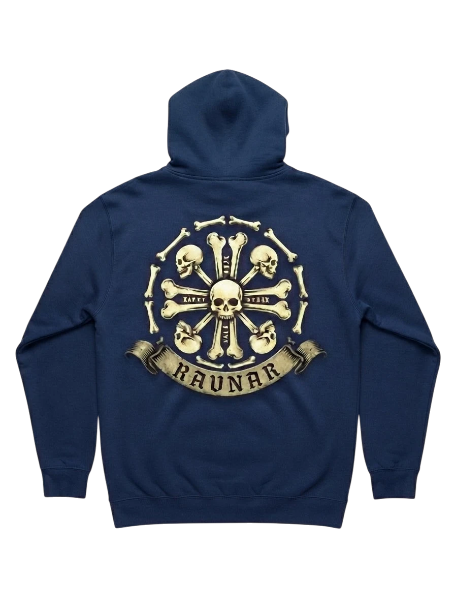 Ravnar Crown of Bones navy heavyweight hoodie with back graphic of skulls and bones in a circular design