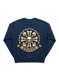 Ravnar Crown of Bones navy blue heavyweight sweatshirt with a detailed skull and bone graphic on the back