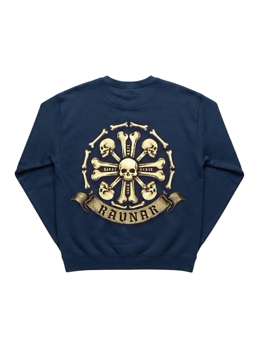 Ravnar Crown of Bones navy blue heavyweight sweatshirt with a detailed skull and bone graphic on the back