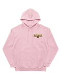 Ravnar Crown of Bones hoodie in soft pink with a gold metallic chest logo, featuring a heavyweight cotton fabric.