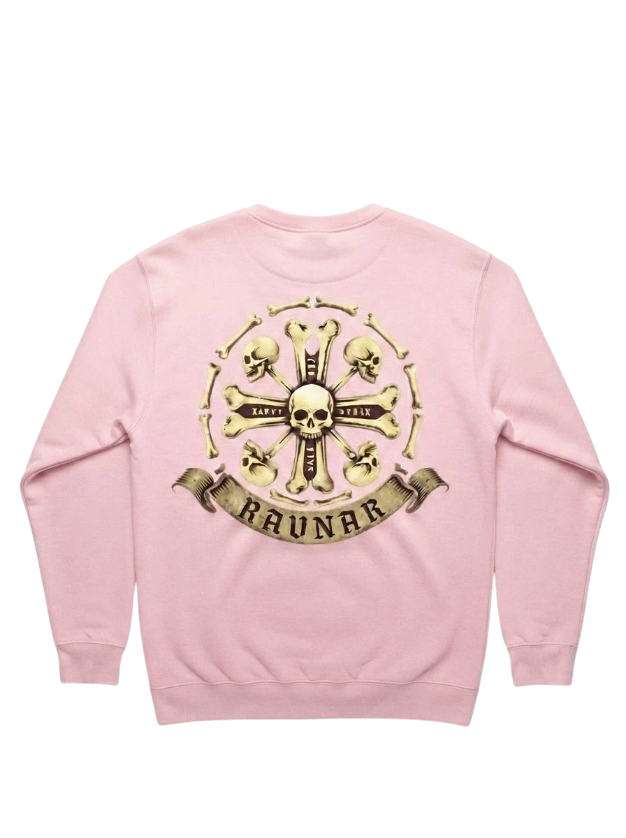 Ravnar Crown of Bones sweatshirt in light pink featuring a detailed skull and bone graphic on the back