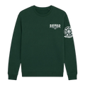 Ravnar dark green heavyweight sweatshirt with white chest logo and detailed skull crest graphic on the sleeve.